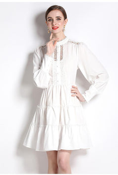 Fashion Temperament Stand-Up Collar Lantern Sleeve Hollowed Out Flower High Waist Celebrity Dress