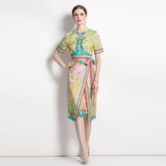 Vintage Print Print MIDI Dress with Waist Drawstring for Slimming