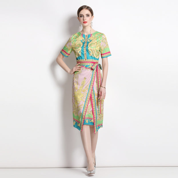 Vintage Print Print MIDI Dress with Waist Drawstring for Slimming