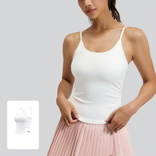 Waist-Closing Pleated Sports Top with Built-in Cups