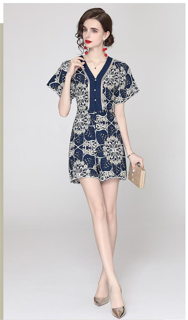 Temperament Elegant V-Neck Short Sleeve Embroidered Wide Leg Shorts Fashion Casual Jumpsuit