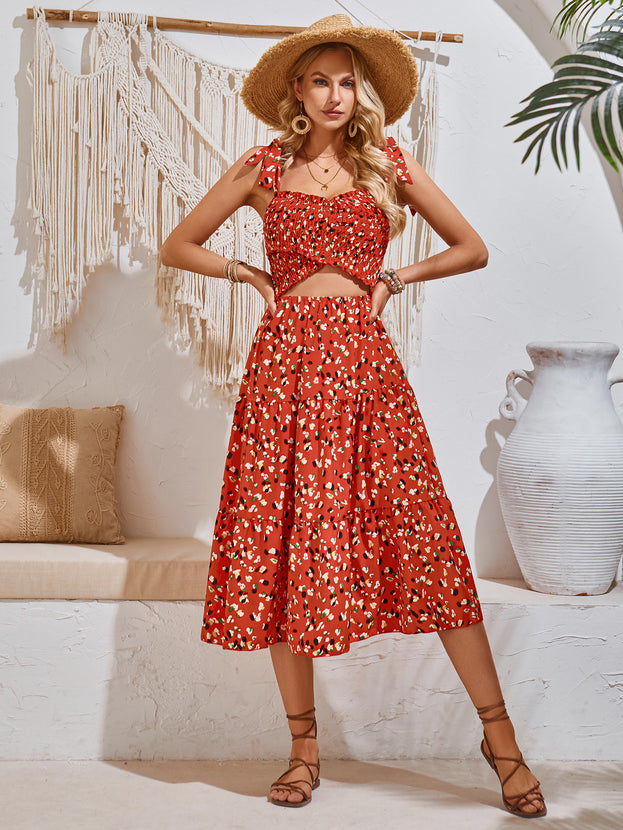 Summer Casual Printed Smocked Drawstring-Tied Cutout Slip Dress for Women