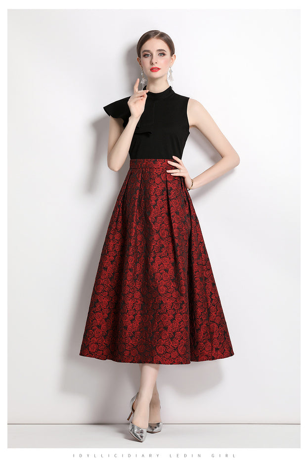 Vintage Stand-Up Collar Peplum Slim Slim Patchwork Jacquard Long Skirt Dress