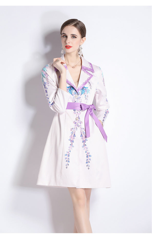Fashion Printed Suit Collar Coat Temperament Waist Slimming Breasted Mid-Length Trench Coat
