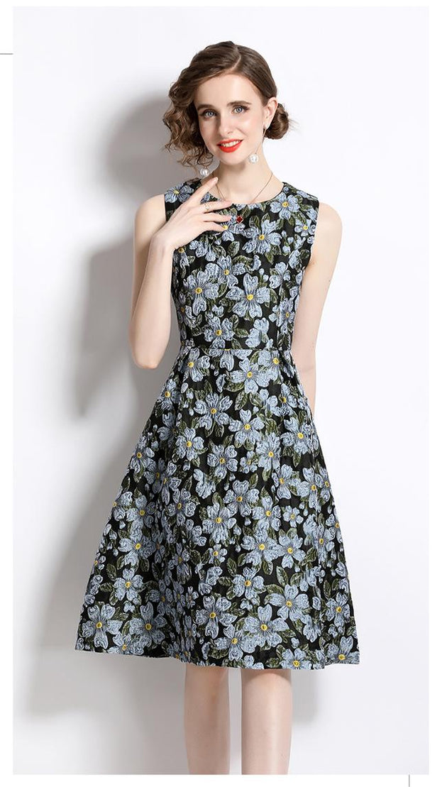 Sundress Socialite Temperament Jacquard Crewneck Sleeveless Mid-Length Dress