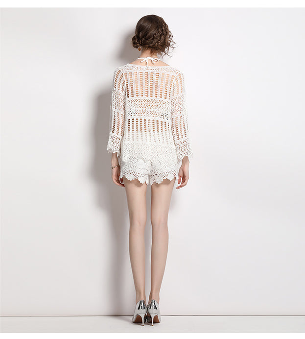 Lace Long-Sleeved Sunscreen Shirt and Small Halter Vest and High Waist Trimmed Shorts Three-Piece Suit