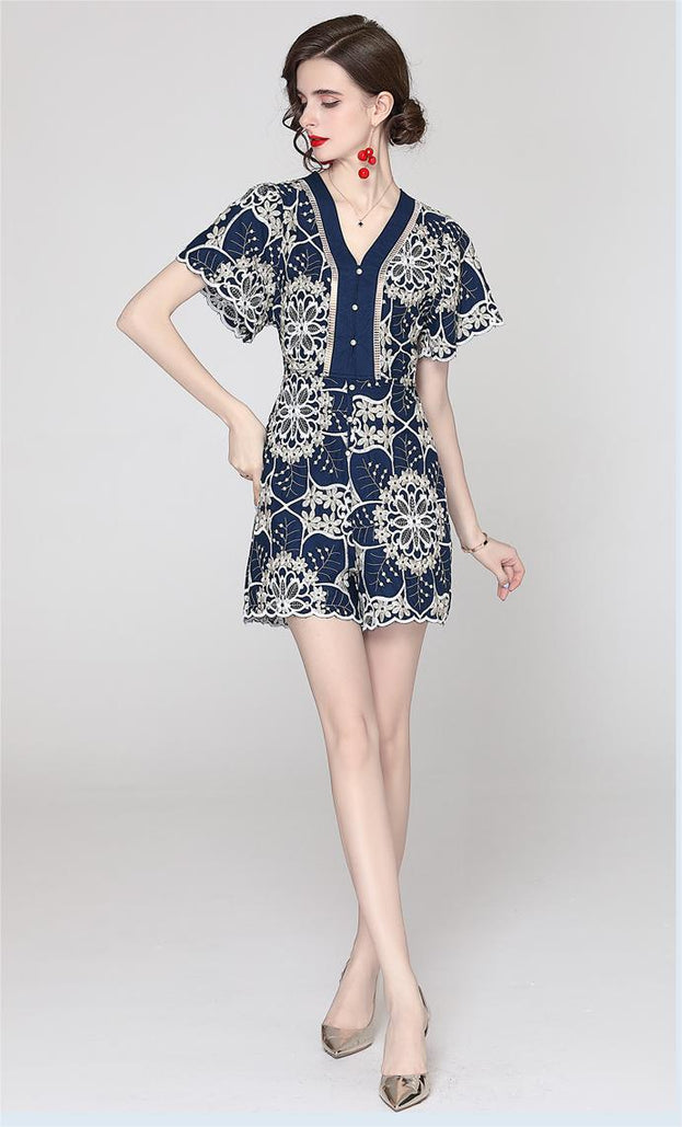 Temperament Elegant V-Neck Short Sleeve Embroidered Wide Leg Shorts Fashion Casual Jumpsuit