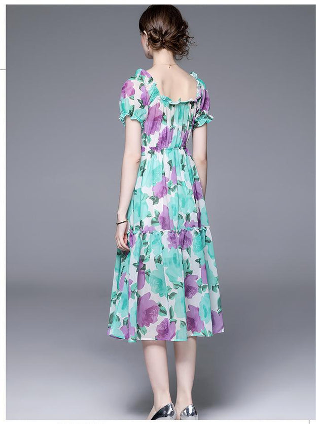 Seaside Resort Print Peplum One-Line Neck MIDI Dress