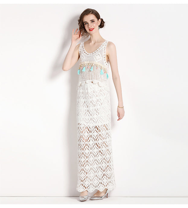 Resort Wind Hook Flower Embroidery Hollowed Out Vest Top and Long Half Skirt Two-Piece Set