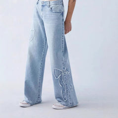 American Fashion Side-Fringed Butterfly-Embroidered Loose Straight Denim Pant for Women
