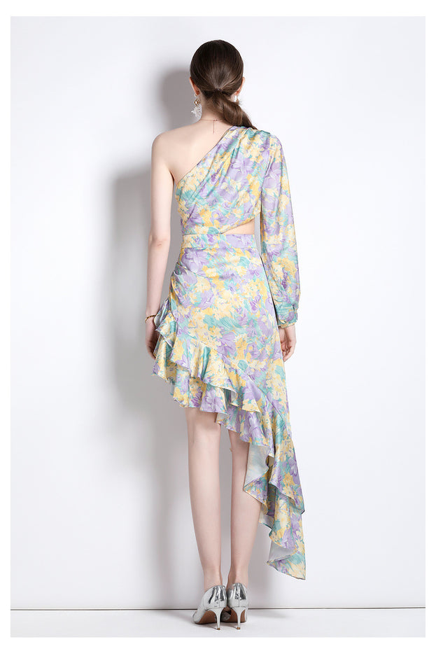 Fashion Printed Dress Satin Diagonal Shoulder Lotus Leaf Irregular Resort Long Skirt