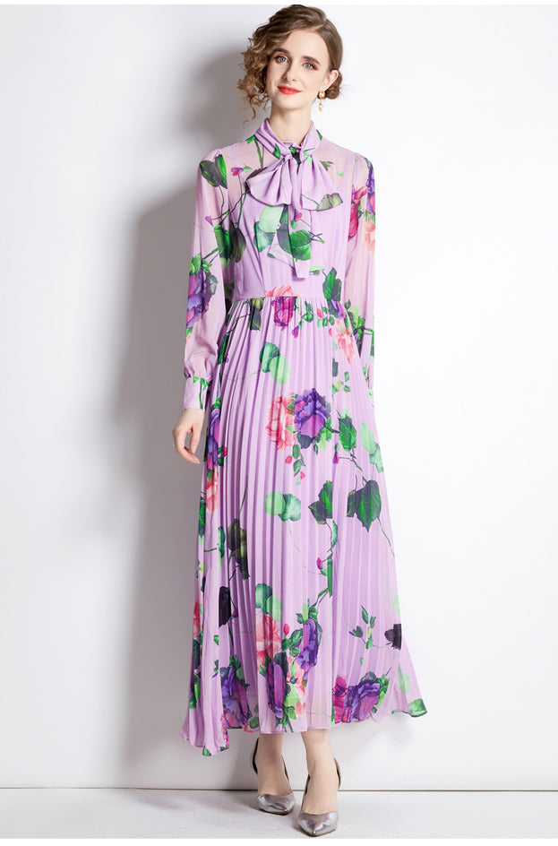 Vintage Floral Long-Sleeved Long Skirt Pleated Skirt Slim Dress