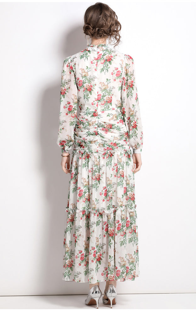 Stand Collar Lantern Long Sleeve Pleated Waist Tucked Large Swing Long Dress Skirt Chiffon Print Dress