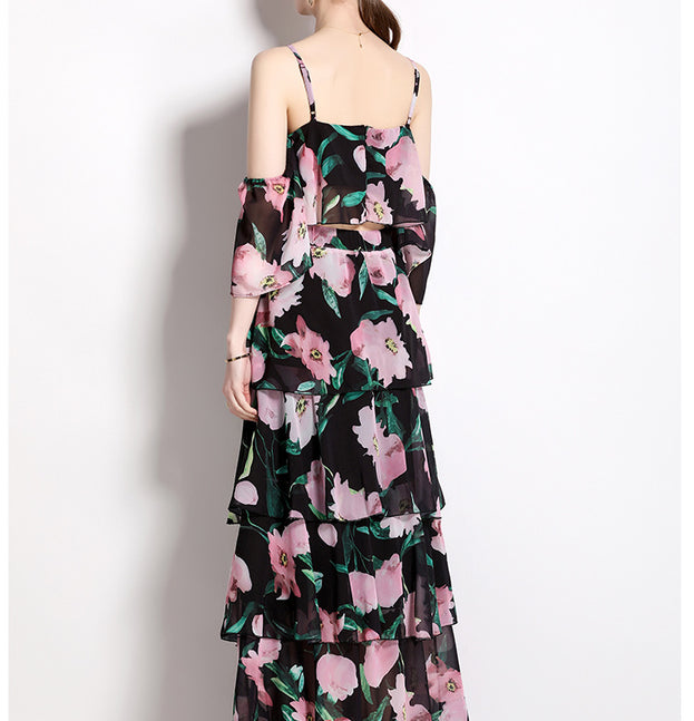 Holiday Snowstorm Spun Printed Halter with a Line Neck Top and Long Skirt Two-Piece Set