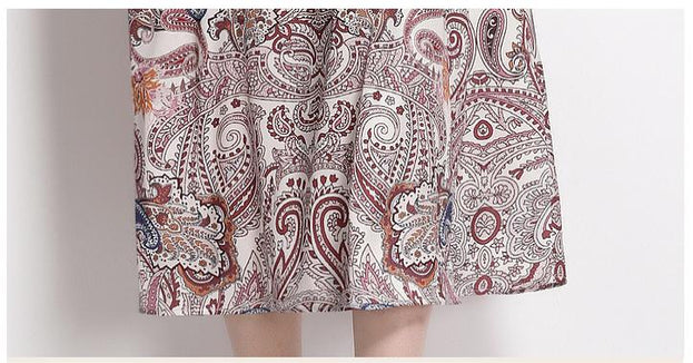 Satin Antique Print Stand Collar Flared Sleeves Lace-Up Waist Pulled into Long Skirt