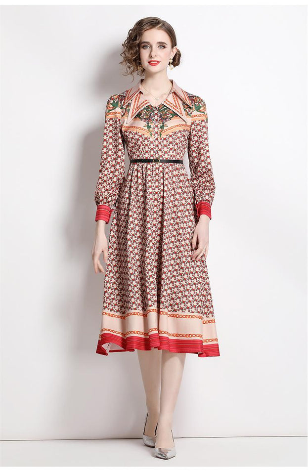 Fashion Vintage Print Dress Lapel Long-Sleeved Temperament Slim MIDI