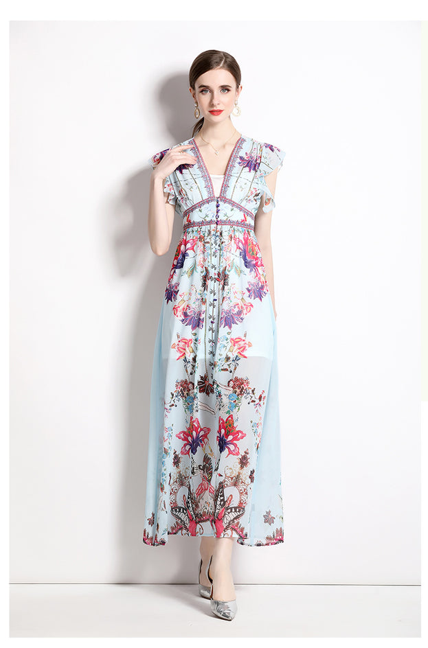 Resort Style Printed Chiffon Small Flying Sleeve V-Neck Dress Slim Long Skirt