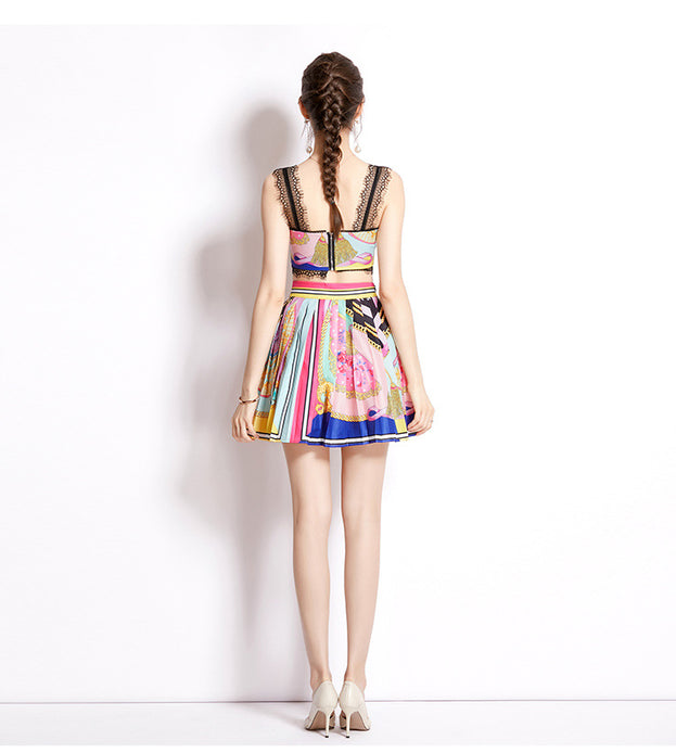 Spring/Summer Resort Print Pleated Skirt and Lace Patchwork Top Suit