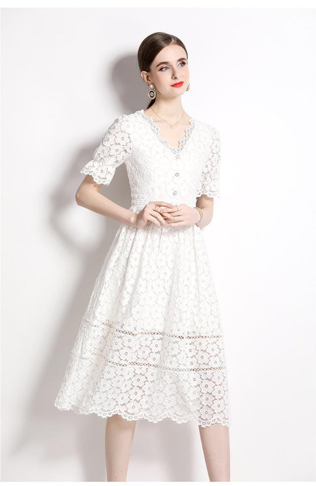 Elegant Slim Short Sleeve V-Neck Mid-Length Lace  Dress