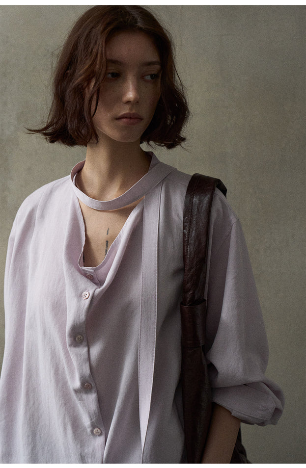 A Casual And Laid-Back With A Tencel Ribbon And Collar Women's Blouse