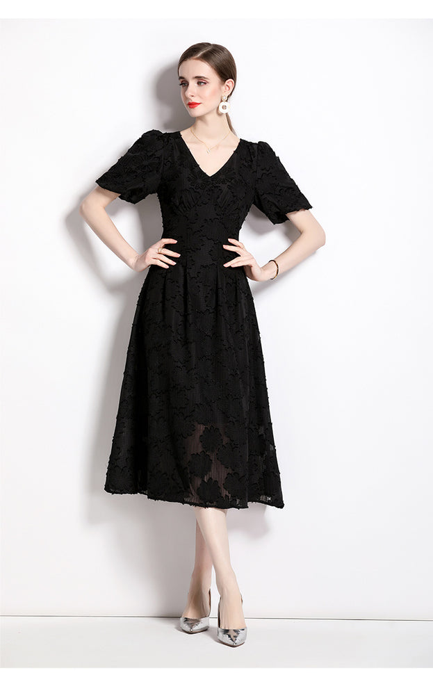 Temperament Jacquard V-Neck Slim Slimming Skirt Dress with Bubble Sleeves