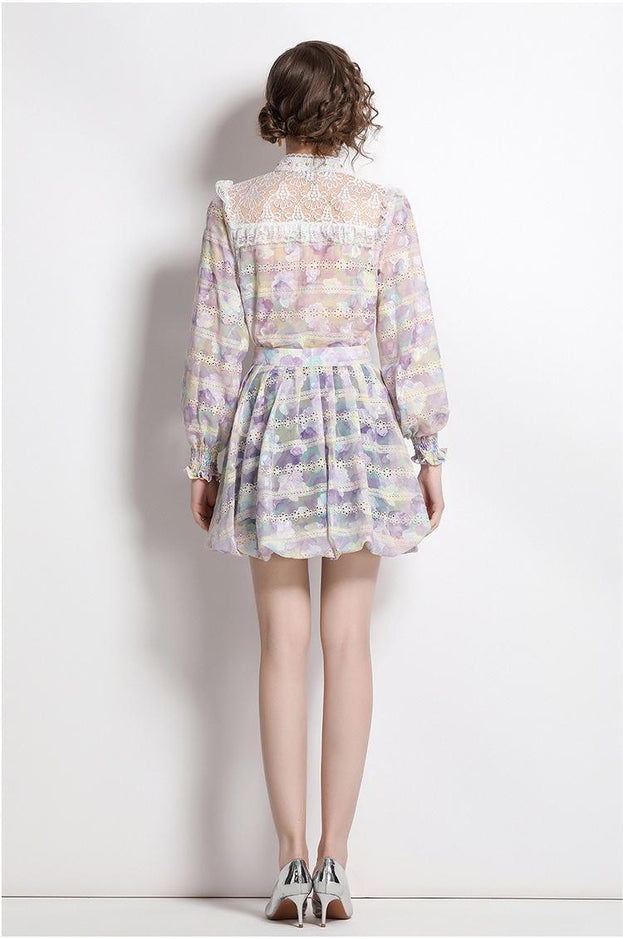Fashion Printed Embroidery Patchwork Lace Lace Long-Sleeved Shirt Half Skirt Suit Skirt