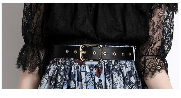 Women's One-Line Neck Lace Top and Vintage Printed Half Skirt Two-Piece Suit
