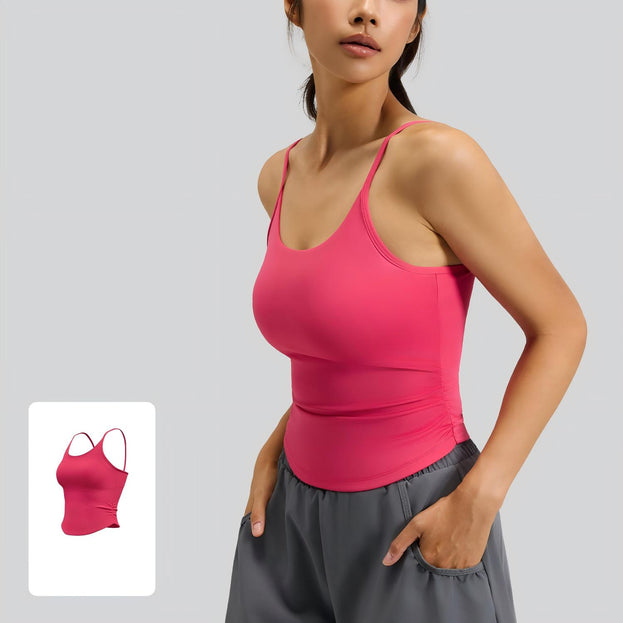 Waist-Closing Pleated Sports Top with Built-in Cups