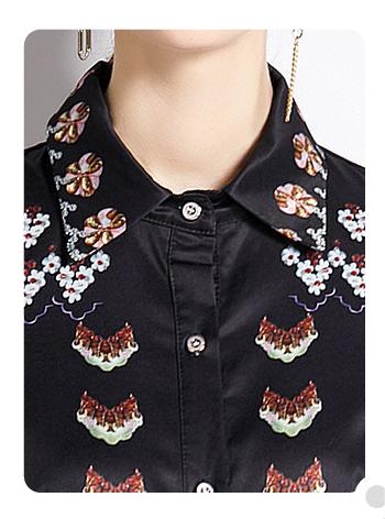 Fashion Print Vintage Lapel Long-Sleeved Slim-Looking Long Skirt Dress
