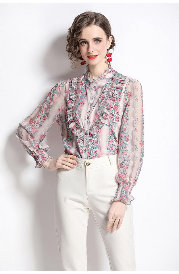 Vintage Printed Stand Collar Long Sleeve Top With Wooden Ear Edge
