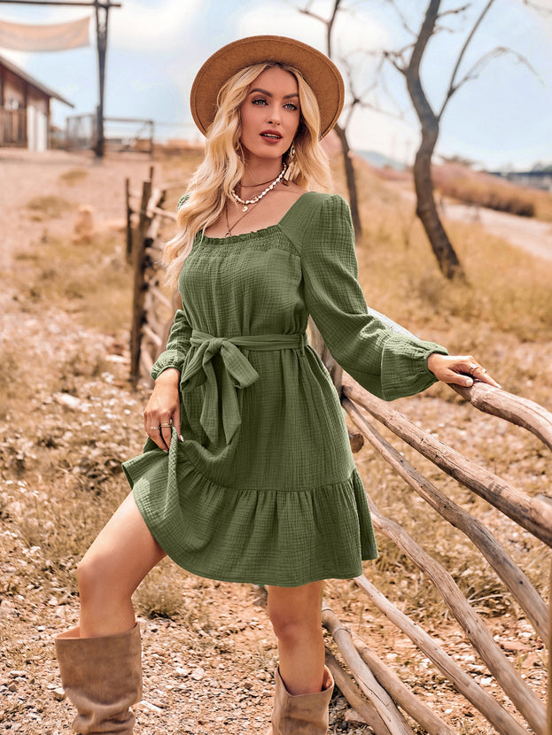 Autumn Casual Square-Neck Long Sleeve Waist-Tie Short Dress for Women