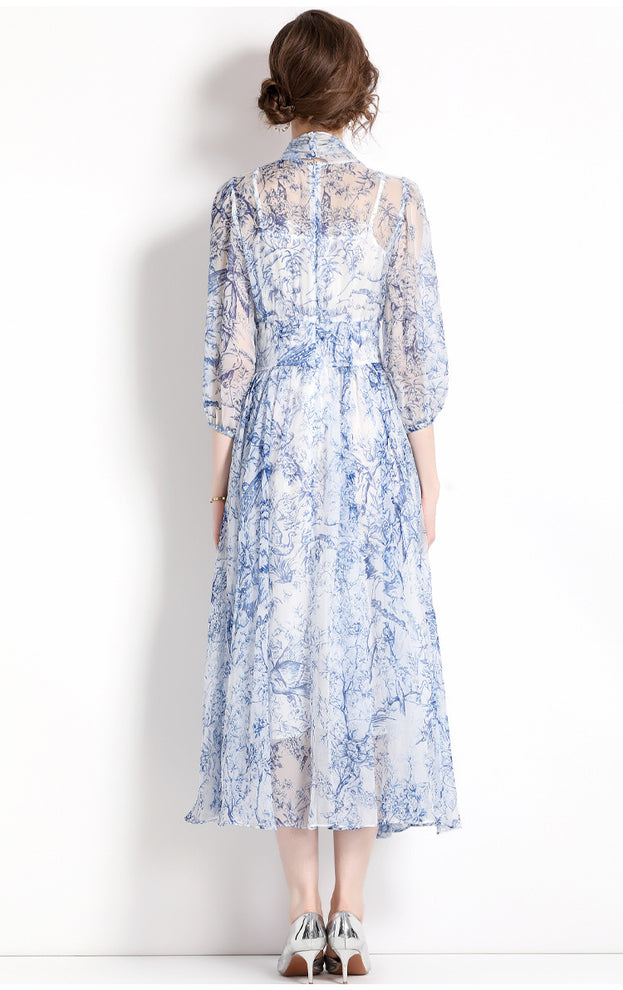 Lace-Up Print Long-Length Holiday Dress with Five-Point Sleeves