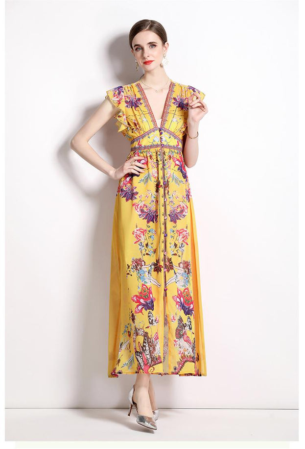 Resort Style Printed Chiffon Small Flying Sleeve V-Neck Dress Slim Long Skirt