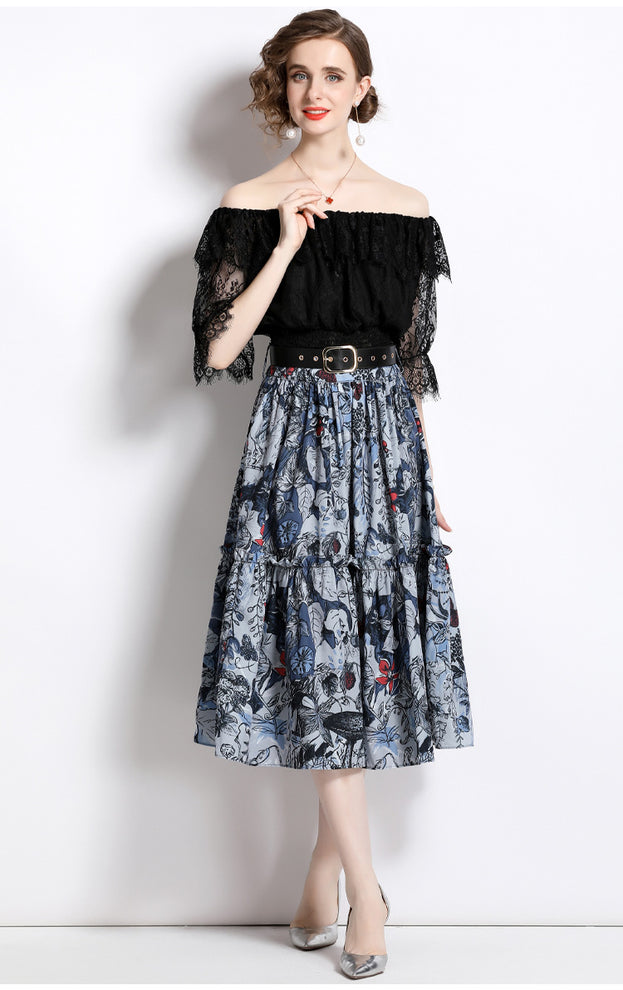 Women's One-Line Neck Lace Top and Vintage Printed Half Skirt Two-Piece Suit