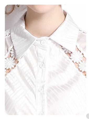Girl Style Lapel Lantern Sleeve Single-Breasted Water-Soluble Lace Splicing Striped Long Dress