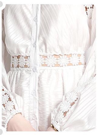 Girl Style Lapel Lantern Sleeve Single-Breasted Water-Soluble Lace Splicing Striped Long Dress