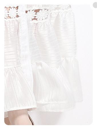 Girl Style Lapel Lantern Sleeve Single-Breasted Water-Soluble Lace Splicing Striped Long Dress