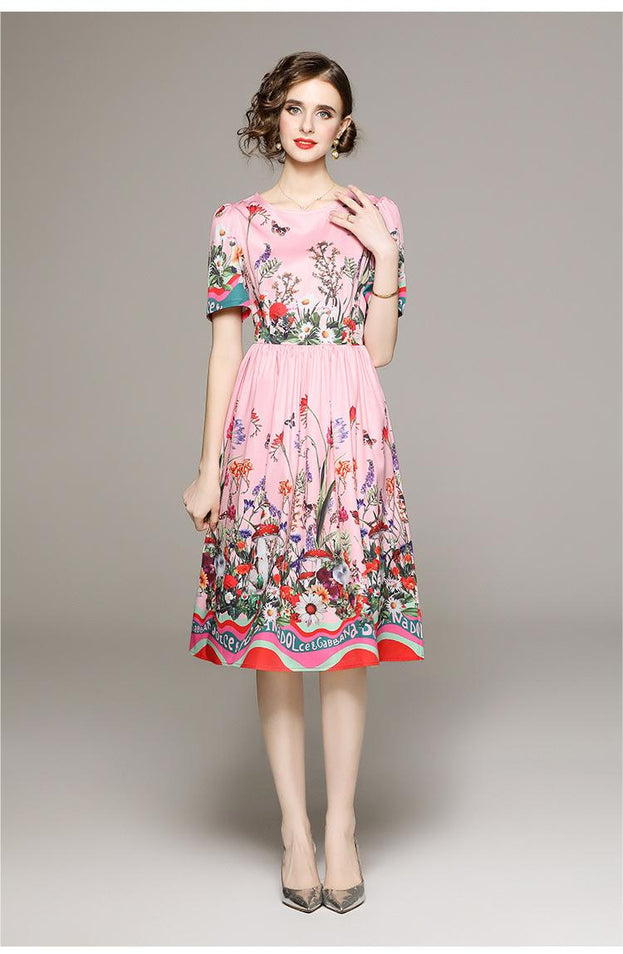 Fashion Garden Style Flower Print Short Sleeve Dress with Lining Cloth