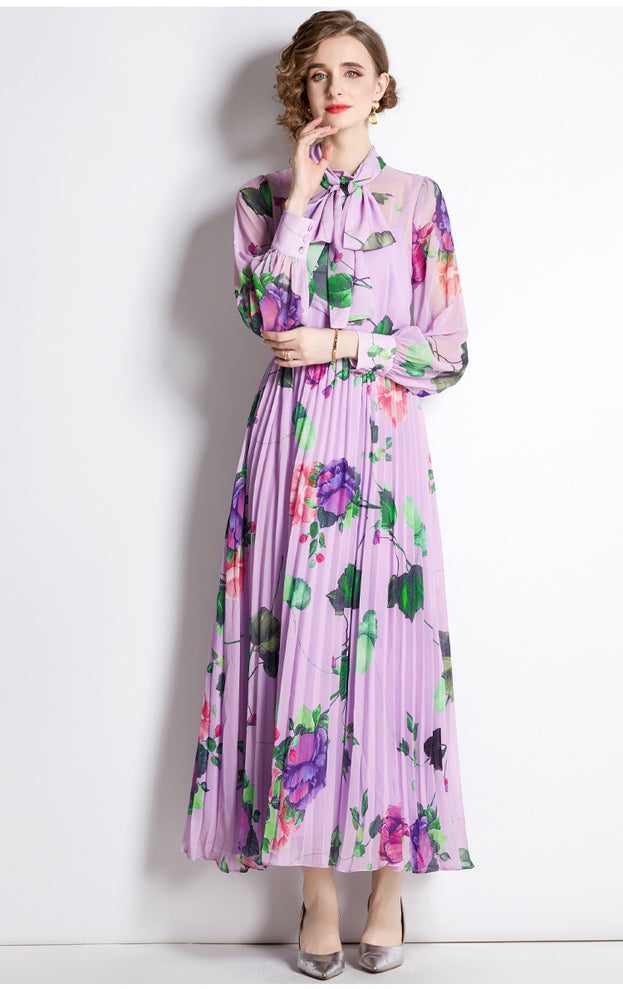Vintage Floral Long-Sleeved Long Skirt Pleated Skirt Slim Dress