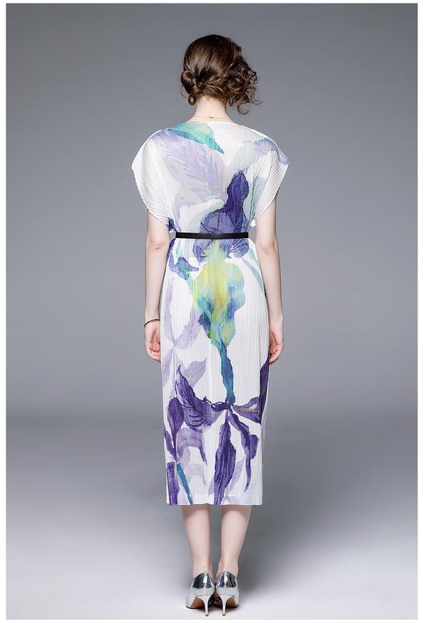 Elegant Temperament V-Neck Printed Pleats Dress