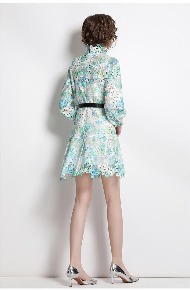 Sweet Print Water-Soluble Hook Flower Hollowed Out Bubble Long-Sleeved Skirt Dress Peplum