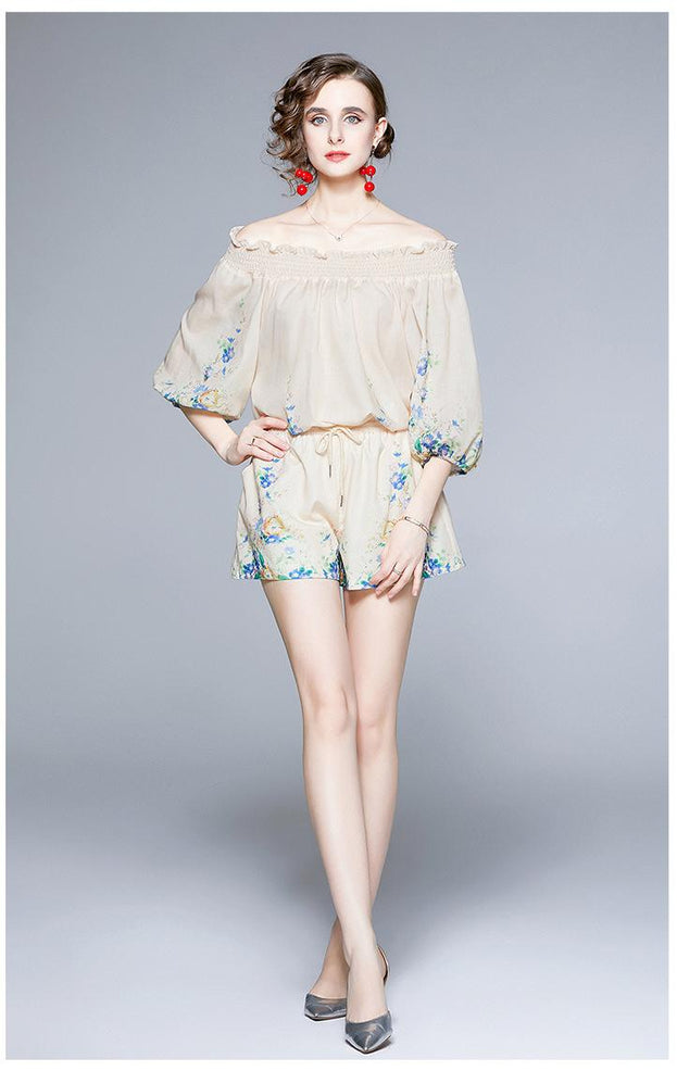 Line Neck See-Through Top and High Waist Shorts Breathable Suit
