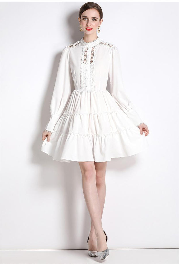 Fashion Temperament Stand-Up Collar Lantern Sleeve Hollowed Out Flower High Waist Celebrity Dress
