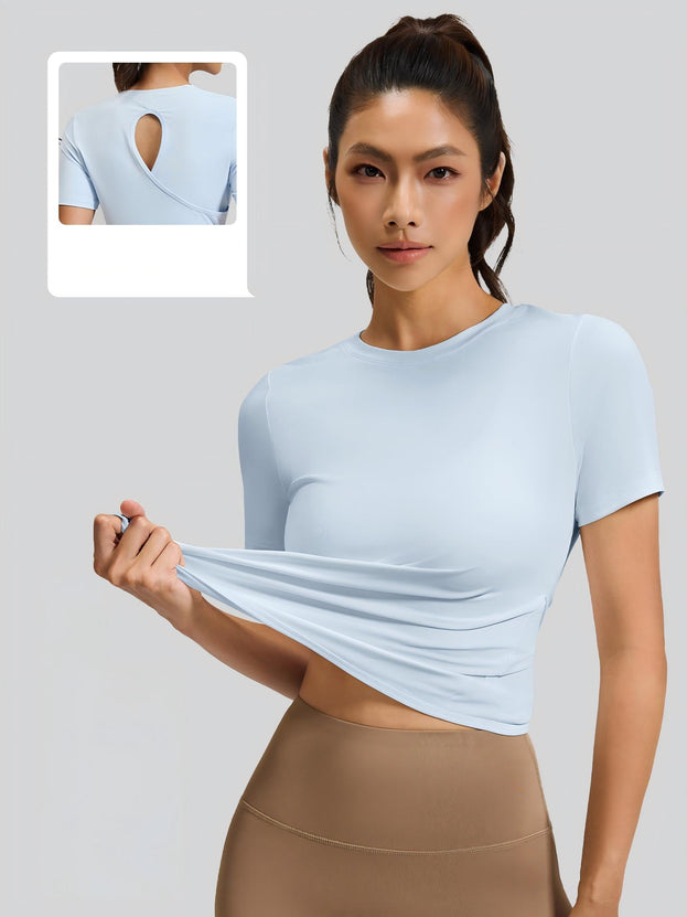 Back Cutout Cross Round Neck Yoga Short Sleeve