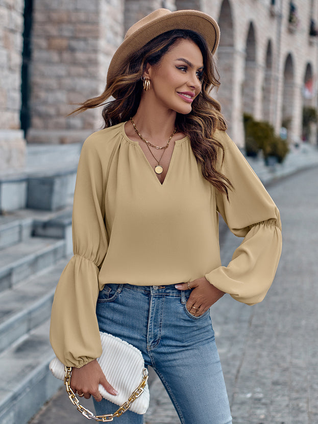 Autumn V-Neck Casual Loose Long Sleeve Pullover Top for Women