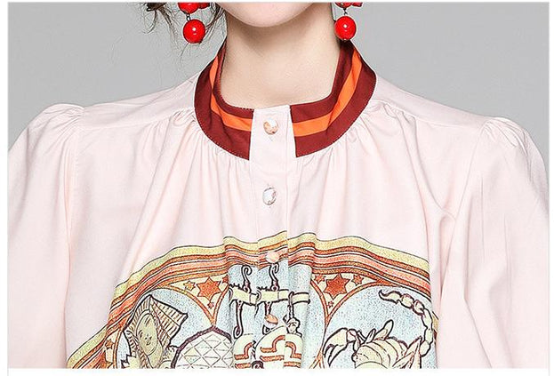 Women's Temperament Suit Lantern Sleeve Shirt and Closed Waist Shorts Printed Two-Piece Suit