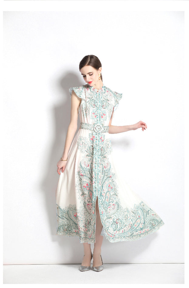 Vintage Fashion Print Dress Single Breasted Large Swing A-Line Skirt