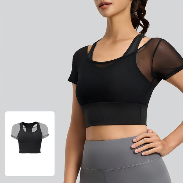 Mesh with Built-in Bra Yoga Sports Short-Sleeve Top for Women