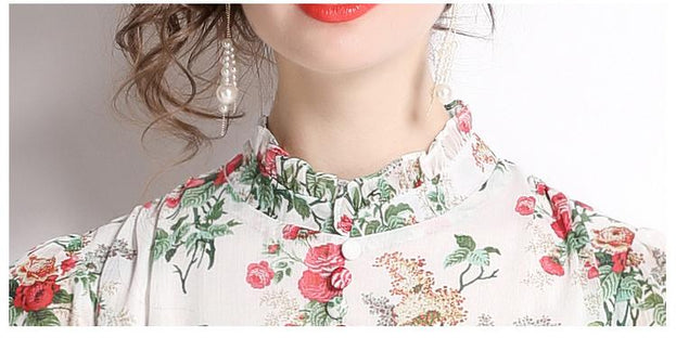 Stand Collar Lantern Long Sleeve Pleated Waist Tucked Large Swing Long Dress Skirt Chiffon Print Dress