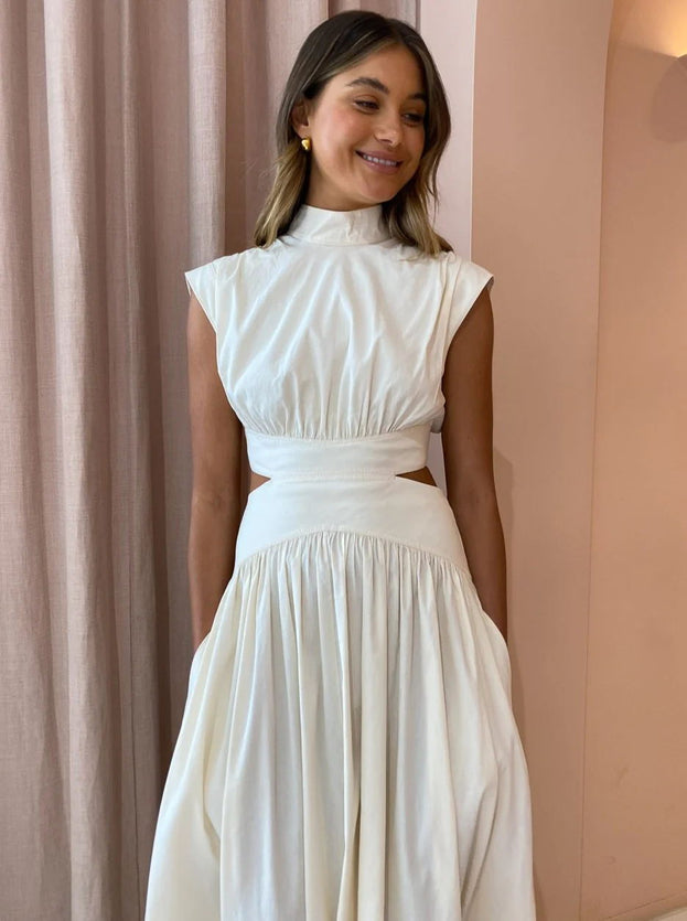 Summer Casual High-Neck Waisted Cutout Pleated Short Sleeve Dress for Women